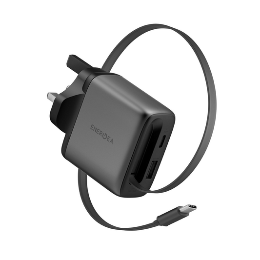 ENERGEA AMPCHARGE ARC 65, PD/PPS/QC3.0 GAN WALL CHARGER WITH RETRACTABLE CABLE, 65W (UK) - GUNMETAL