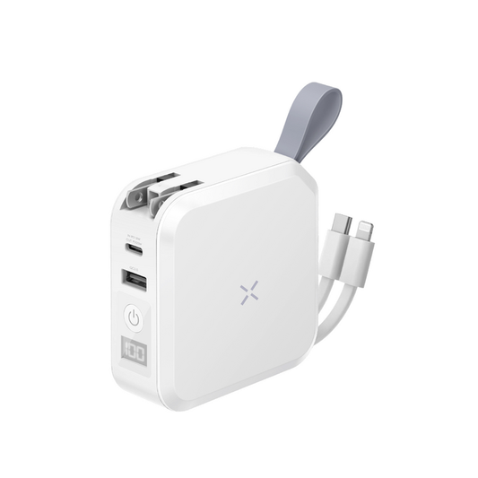 BAZIC GOPORT TRAVEL 10K, 10000MAH UNIVERSAL WALL CHARGER WITH BUILT-IN CABLE - WHITE