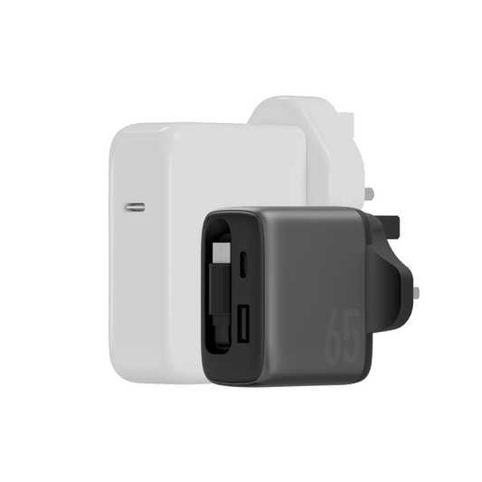 ENERGEA AMPCHARGE ARC 65, PD/PPS/QC3.0 GAN WALL CHARGER WITH RETRACTABLE CABLE, 65W (UK) - GUNMETAL