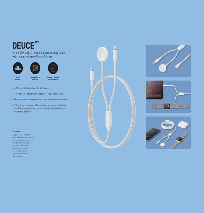 BAZIC GOCHARGE DEUCE CABLE, USB-C TO C WITH WATCH CHARGER 1.8M- WHITE