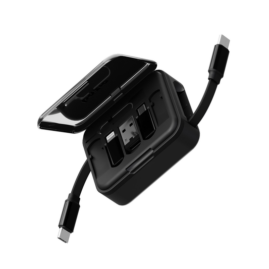 BAZIC GOCHARGE LOOP, 5 IN 1 CABLE KIT WITH SWAPPABLE USB A & LIGHTING ADAPTERS, 1M RETRACTABLE CABLE - BLACK