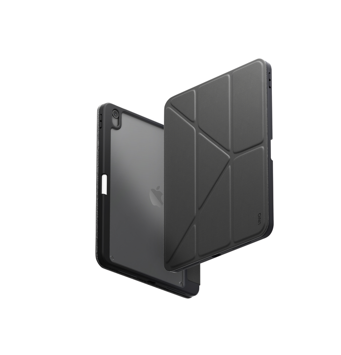 UNIQ MOVEN iPad case, charcoal gray folio cover with textured back panels