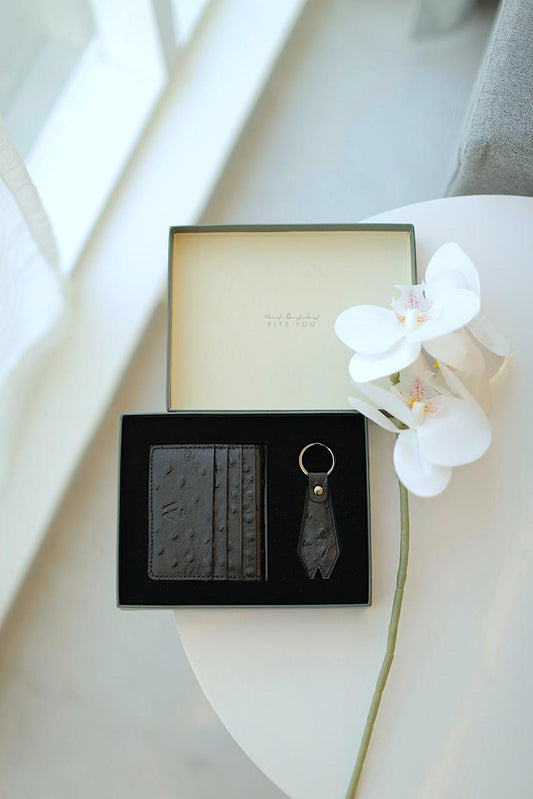 7 WALLET GENUINE LEATHER WITH KEYCHAIN COMBO BLACK OSTRICH