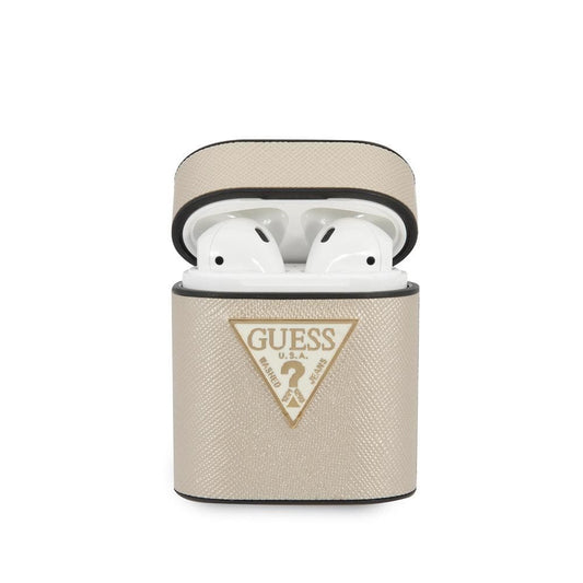 Guess AirPods Case for Airpods 1/2 PU Leather Beige Triangle Collection Saffiano Round Shape With Metal Logo