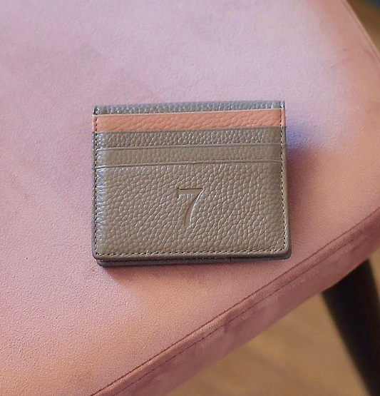 7 WALLET GRAIN TEXTURE LEATHER CARD WALLET - GREY/BROWN