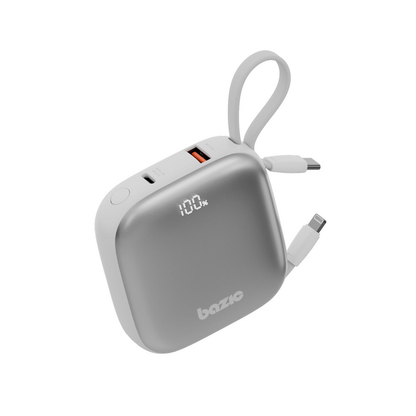 Gray 3-in-1 power bank with built-in USB-C and Lightning cables, 100% LED display.