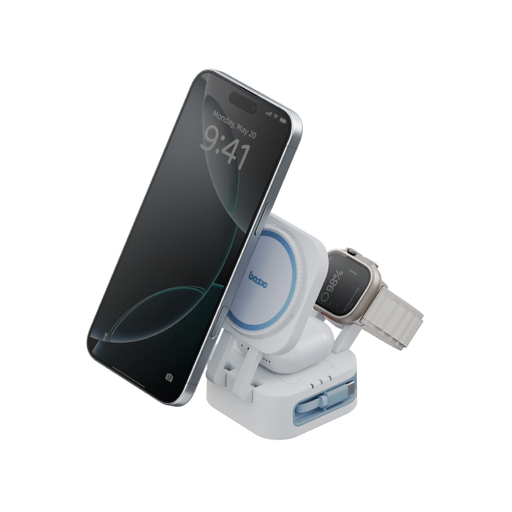 BAZIC GOMAG STATION MINI 3IN1 FOLDABLE WIRELESS  CHARGING STATION WITH 80CM RETRACTABLE CABLE & APPLE WATCH CHARGER -WHITE