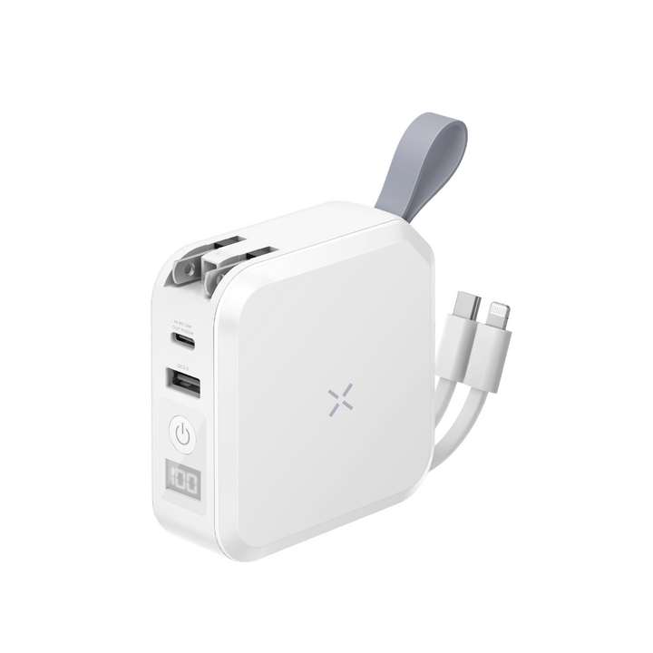 BAZIC GOPORT TRAVEL 10K, 10000MAH UNIVERSAL WALL CHARGER WITH BUILT-IN CABLE - WHITE