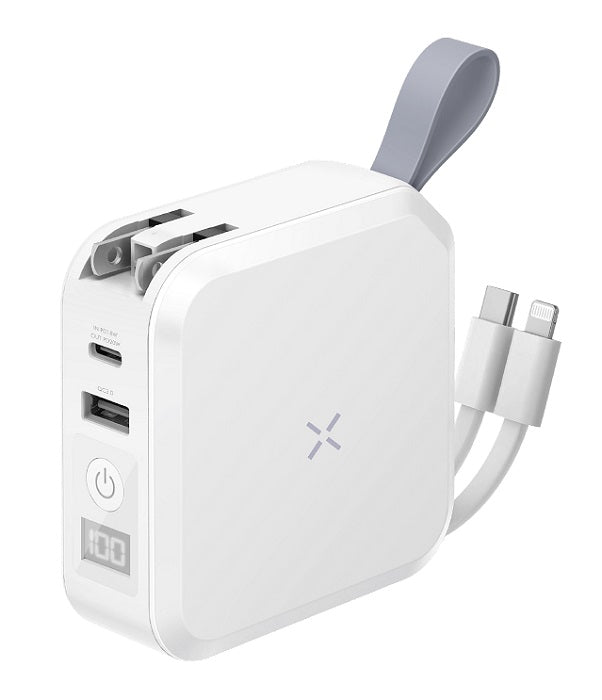 BAZIC GOPORT TRAVEL 10K, 10000MAH UNIVERSAL WALL CHARGER WITH BUILT-IN CABLE - WHITE