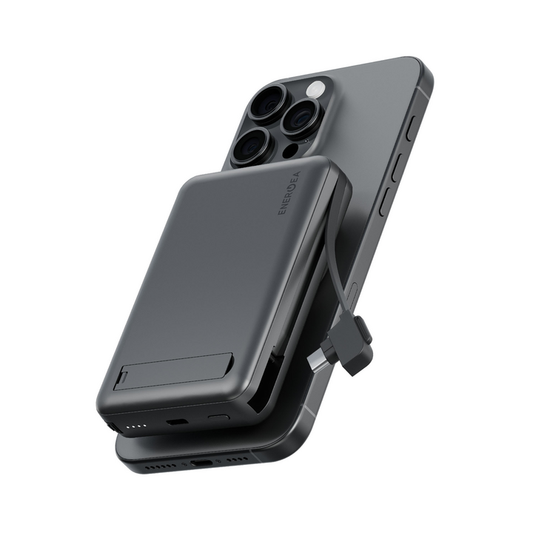 ENERGEA MAGPAC PRO PLUS, 10000MAH MAGSAFE COMPATIBLE QI2 POWER BANK WITH BUILT-IN CABLE AND STAND - GUN/BLK