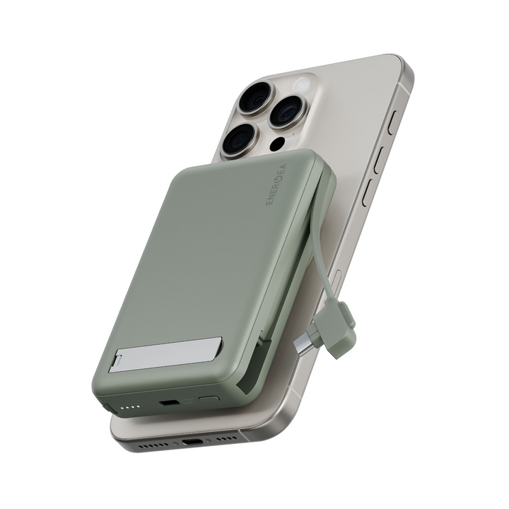 ENERGEA MAGPAC PRO+, 10000MAH MAGSAFE COMPATIBLE QI2 POWER BANK WITH BUILT-IN CABLE AND STAND