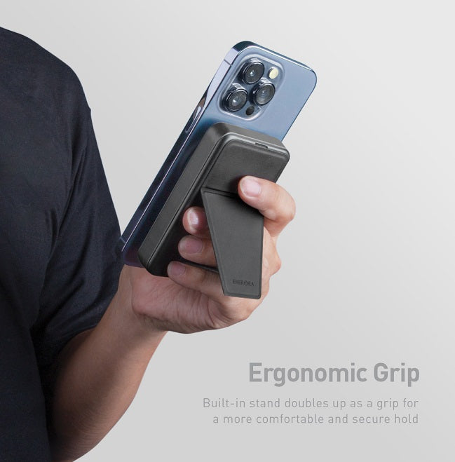 ENERGEA MAGPAC GRIP، بنك طاقة متوافق مع MAGSAFE بقدرة 10000 مللي أمبير مع حامل/قبضة مدمجة - GUN/BLK