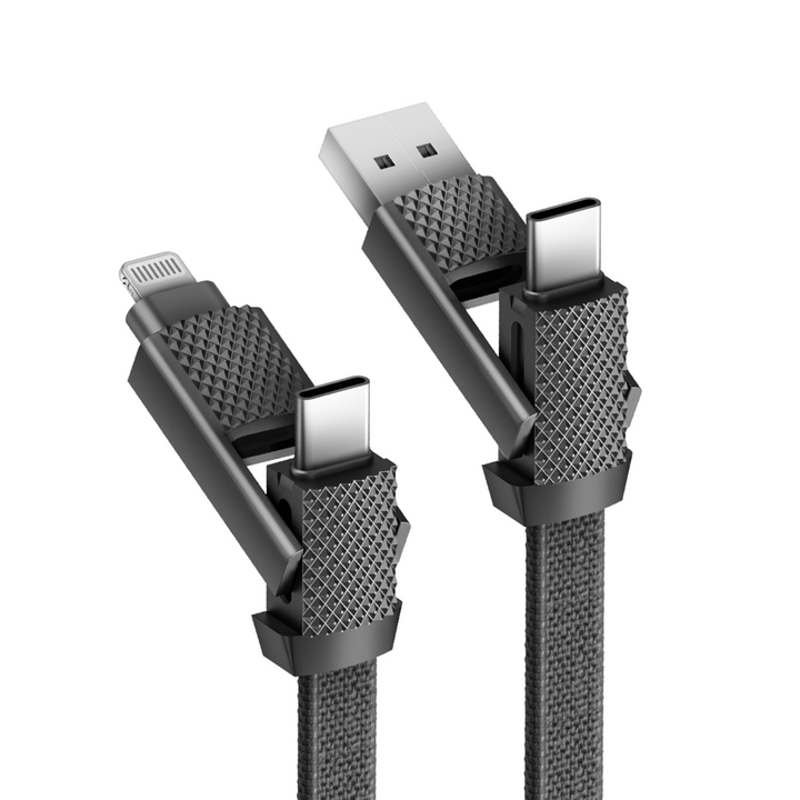 BAZIC GOCHARGE ALUCABLE, 4 IN 1 ALUMINIUM CHARGING CABLE WITH USB A/C INPUT AND USB C/LIGHTNING OUTPUT. PD FAST CHARGE 1M