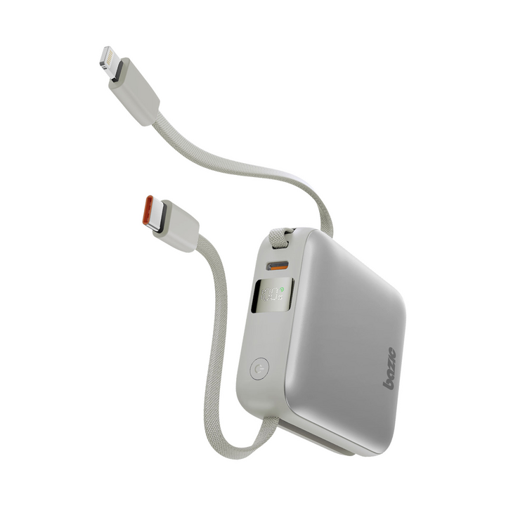 BAZIC GOPOWER FUSION MINI 10K, 3IN1 10000MAH POWERBANK WITH BUILT-IN USB-C AND LIGHTNING CABLE - PEBBLE