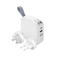 White compact travel charger with built-in cable tips and dual USB ports