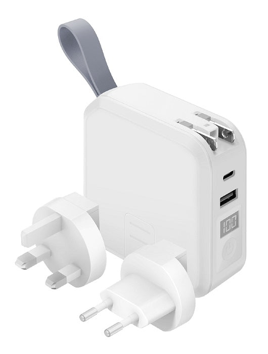 BAZIC GOPORT TRAVEL 10K, 10000MAH UNIVERSAL WALL CHARGER WITH BUILT-IN CABLE - WHITE