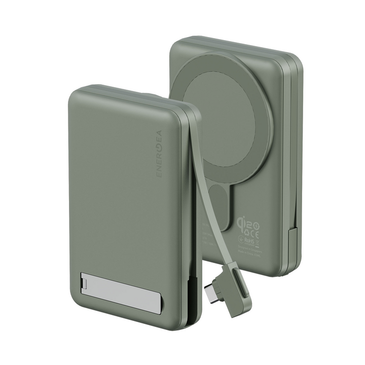 ENERGEA MAGPAC PRO+, 10000MAH MAGSAFE COMPATIBLE QI2 POWER BANK WITH BUILT-IN CABLE AND STAND