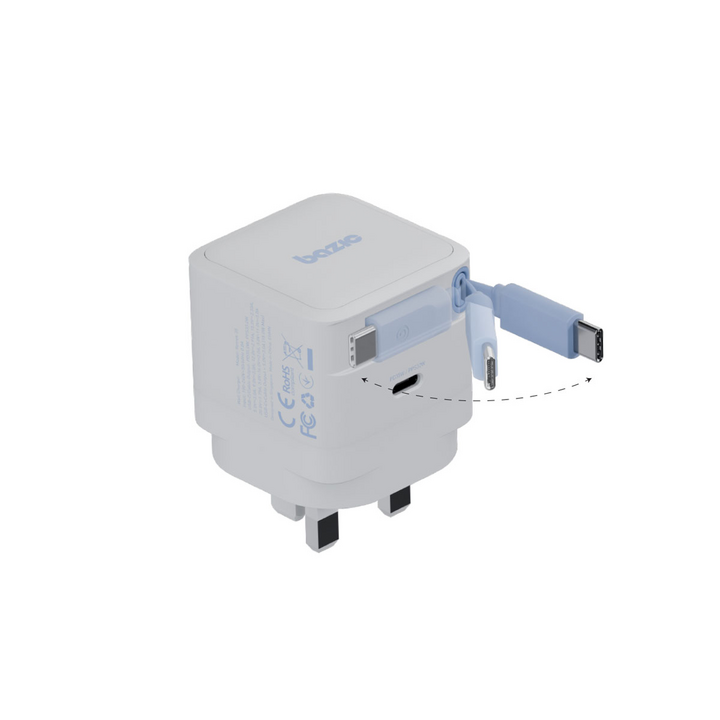 BAZIC GOPORT RETREK 35W, USB-C GaN WALL CHARGER (UK) WITH 70CM BUILT-IN CABLE - WHITE