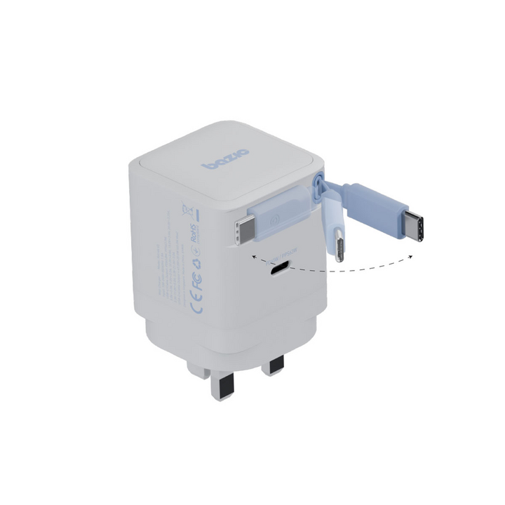 BAZIC GOPORT RETREK 65W, USB-C GaN WALL CHARGER (UK) WITH 70CM BUILT-IN CABLE - WHITE