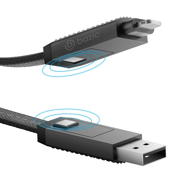 BAZIC GOCHARGE ALUCABLE, 4 IN 1 ALUMINIUM CHARGING CABLE WITH USB A/C INPUT AND USB C/LIGHTNING OUTPUT. PD FAST CHARGE 1M - BLACK