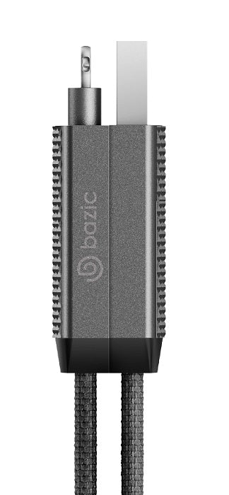 BAZIC GOCHARGE ALUCABLE، كابل شحن ألومنيوم 4 في 1 مع مدخل USB A/C ومخرج USB C/LIGHTNING. بي دي شحن سريع 15 سم - أسود