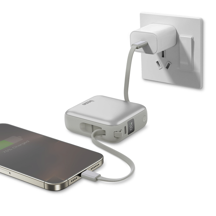 BAZIC GOPOWER FUSION MINI 10K, 3IN1 10000MAH POWERBANK WITH BUILT-IN USB-C AND LIGHTNING CABLE - PEBBLE