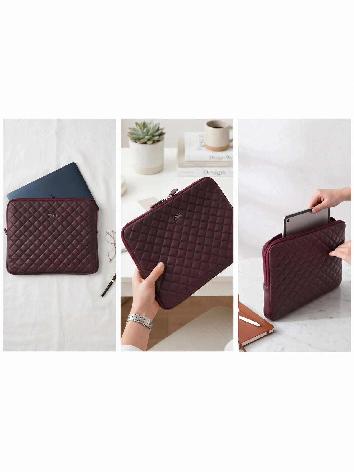 7Wallet 14-Inch Genuine Quilted Leather Laptop Sleeve in Burgundy multiple angles and lifestyle views