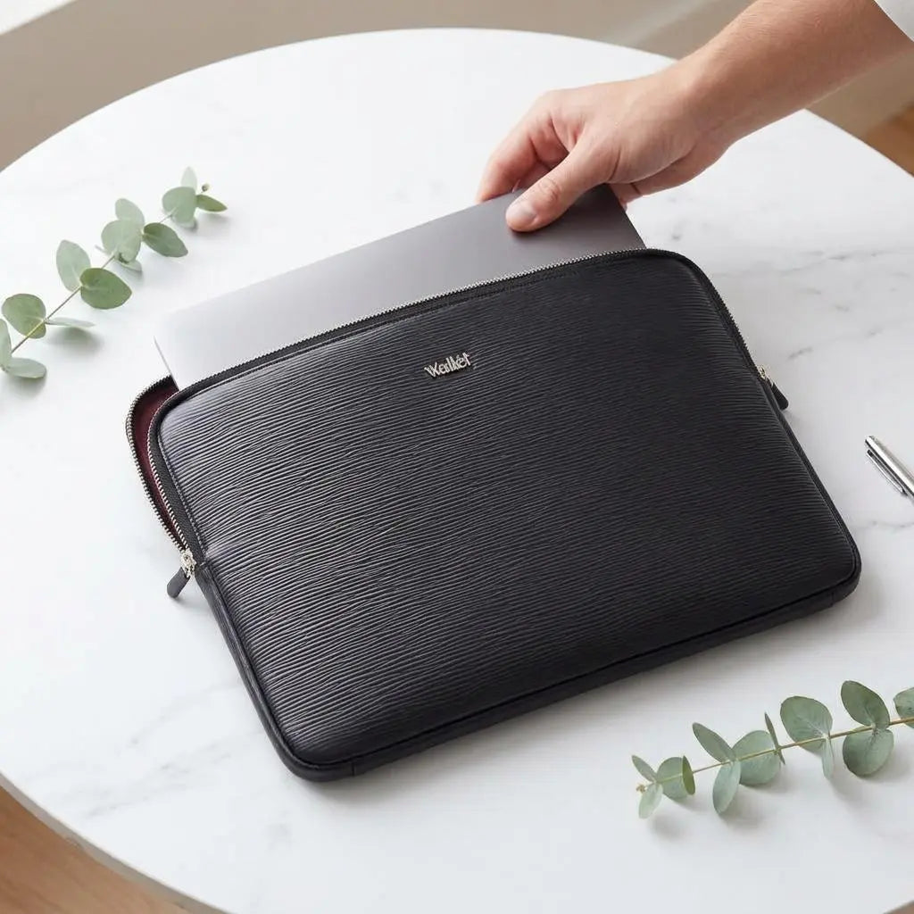 7Wallet 14-Inch Premium Epi Leather Laptop Sleeve in Black with laptop being placed on white table