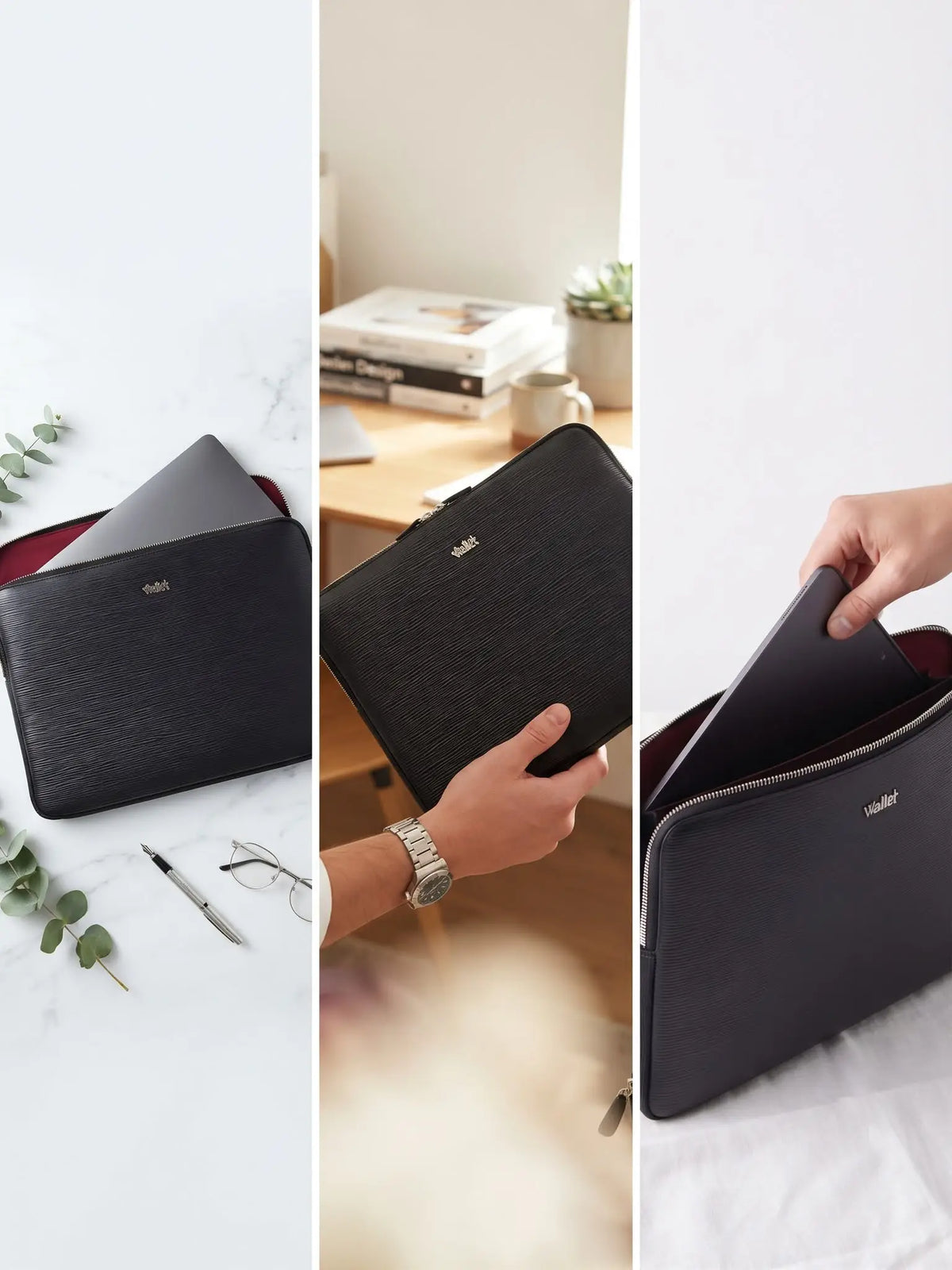 7Wallet 14-Inch Premium Epi Leather Laptop Sleeve in Black lifestyle collage and multiple angles