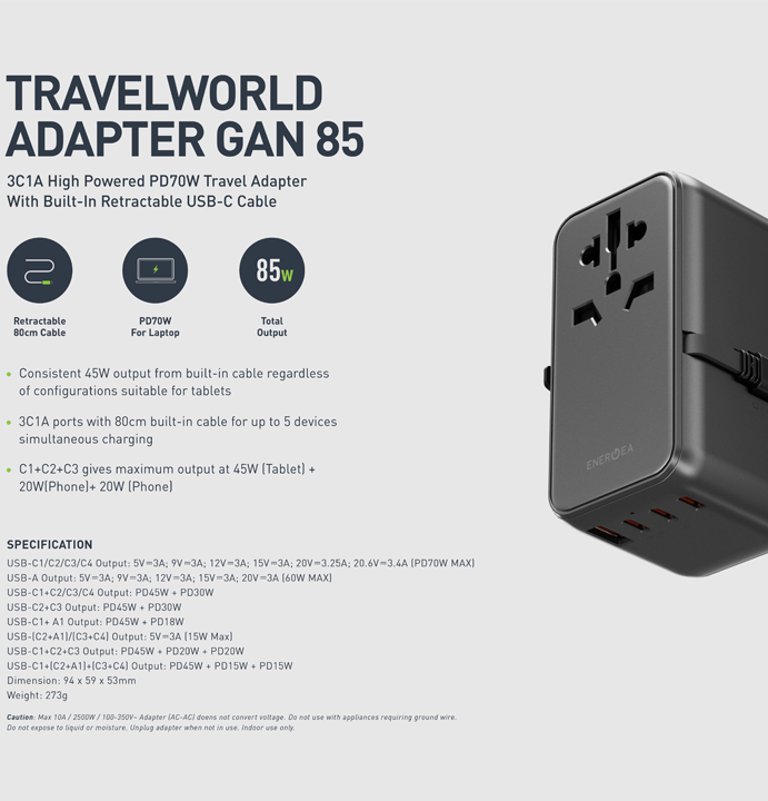ENERGEA TRAVELWORLD ADAPTER GAN85 WITH 80CM TYPE-C CABLE, 3C1A 85W - GUNMETAL