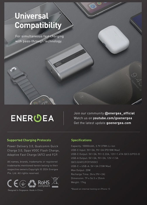 ENERGEA COMPAC MINI 3 WITH DISPLAY PD3.0/USB/USB3.0/SCP/ POWERBANK, 10000MAH LI-ION - GUNMETAL BLACK