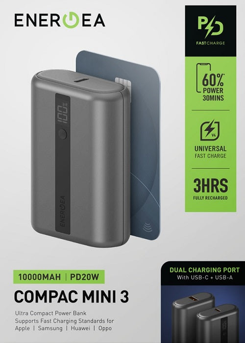 ENERGEA COMPAC MINI 3 WITH DISPLAY PD3.0/USB/USB3.0/SCP/ POWERBANK, 10000MAH LI-ION - GUNMETAL BLACK