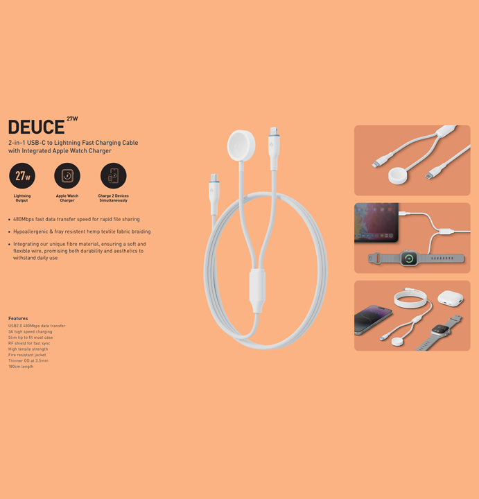 BAZIC GOCHARGE DEUCE CABLE, USB-C TO LIGHTNING WITH WATCH CHARGER 1.8M- WHITE