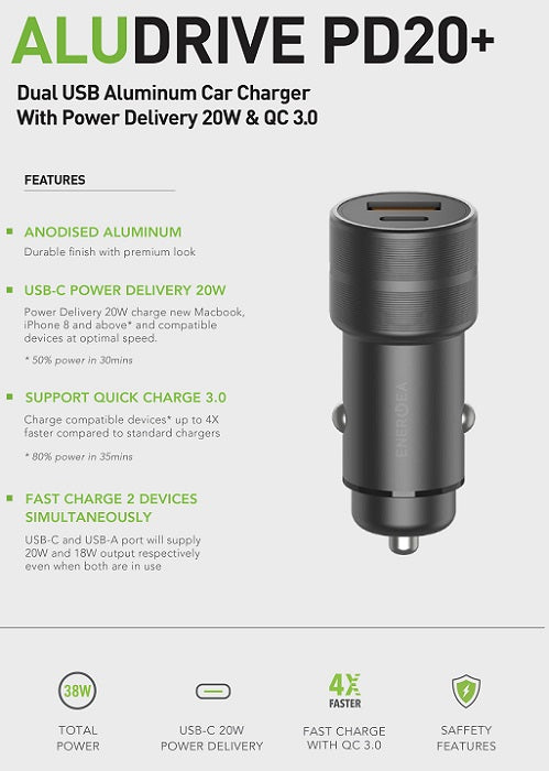 ENERGEA ALU DRIVE PD20+,  USB-C PD20 + USB-A QC3.0 DUO PORT ALUMINIUM 38W CAR CHARGER - GUNMETAL