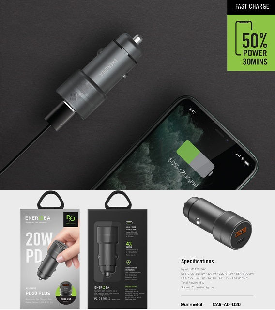 ENERGEA ALU DRIVE PD20+,  USB-C PD20 + USB-A QC3.0 DUO PORT ALUMINIUM 38W CAR CHARGER - GUNMETAL