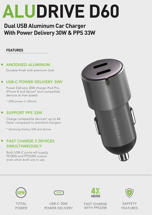 ENERGEA ALUDRIVE D60, PD30W/PPS33W  DUO USB-C ALUMINIUM CAR CHARGER - GUNMETAL