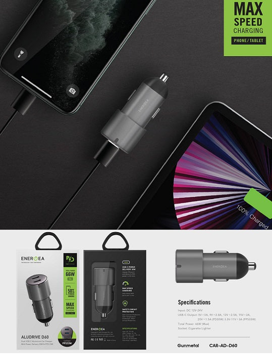 ENERGEA ALUDRIVE D60, PD30W/PPS33W  DUO USB-C ALUMINIUM CAR CHARGER - GUNMETAL