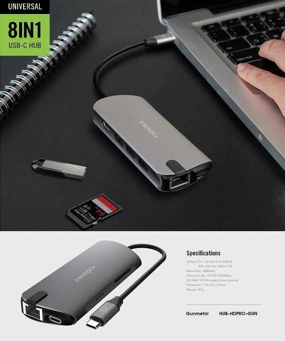 ENERGEA ALUHUB HD PRO, 8 IN 1 SUPERSPEED ALUMINIUM 3.1 USB-C HUB - GUNMETAL