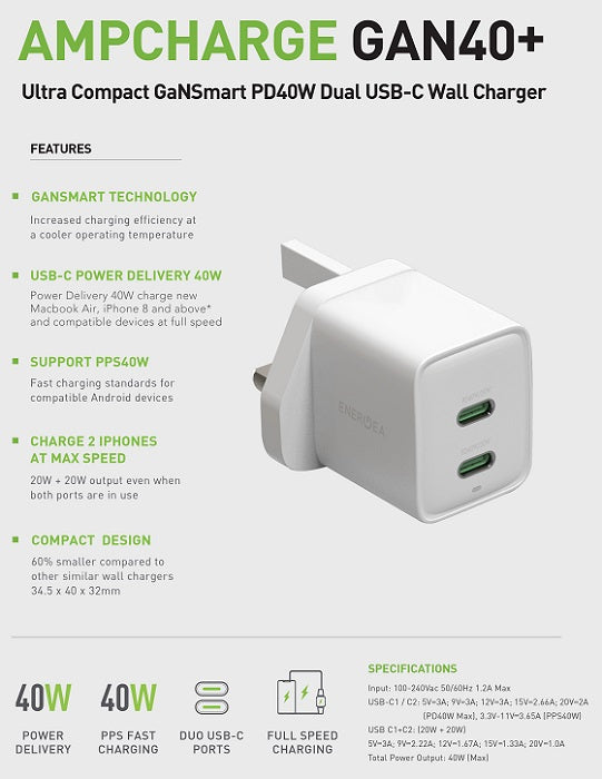 ENERGEA AMPCHARGE GAN40+, 2C PD/PPS WALL CHARGER,40W (UK) - WHITE