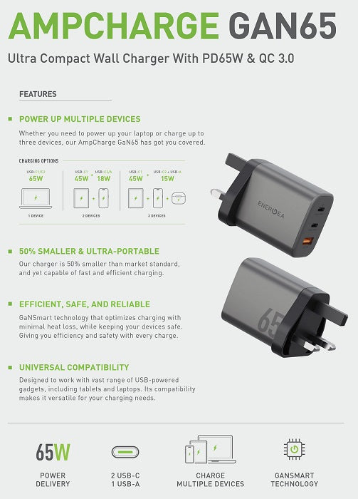 شاحن حائط ENERGEA AMPCHARGE GAN65, 2C1A PD/PPS/QC3.0، 65 وات (المملكة المتحدة) - جونميتال