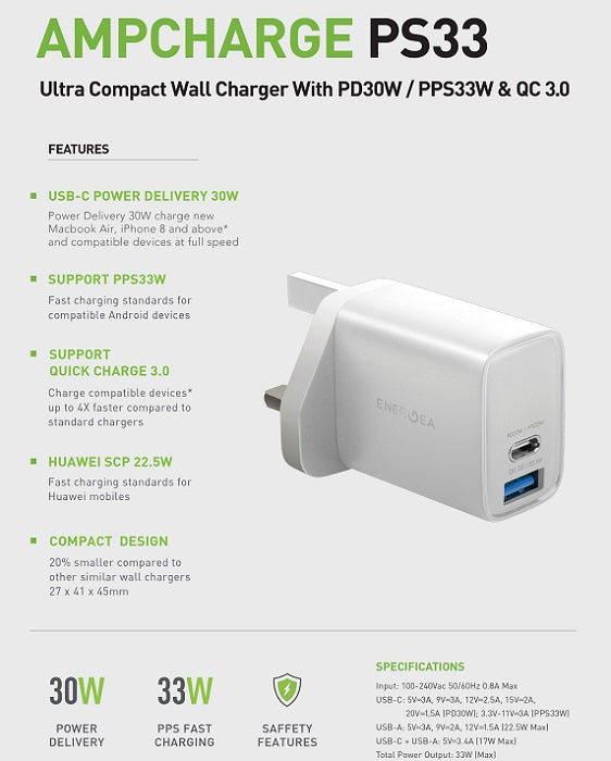 ENERGEA AMPCHARGE PS33, 1C1A PD/PPS WALL CHARGER,33W (UK) - WHITE