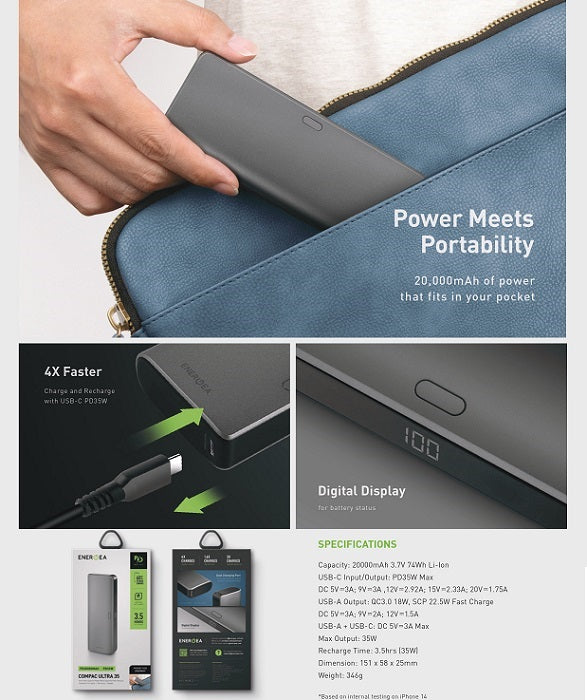 ENERGEA COMPAC ULTRA 35, 20000MAH UNIVERSAL POWER BANK PD35W - GUNMETAL