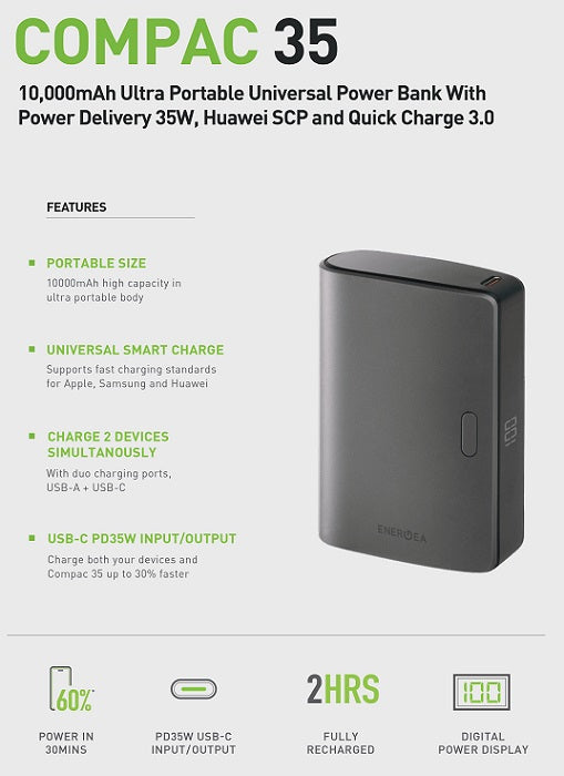 ENERGEA COMPAC 35, 10000MAH UNIVERSAL POWER BANK PD35W - GUNMETAL