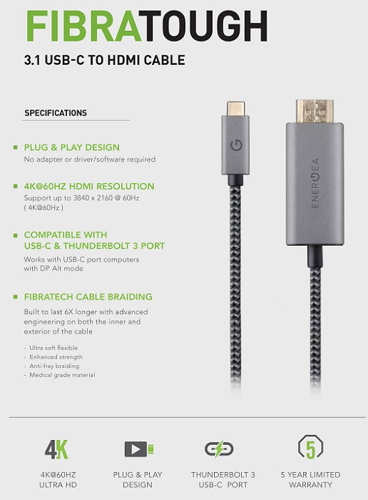 ENERGEA FIBRATOUGH، كابل USB-C إلى HDMI 4K@60HZ 2M - أسود