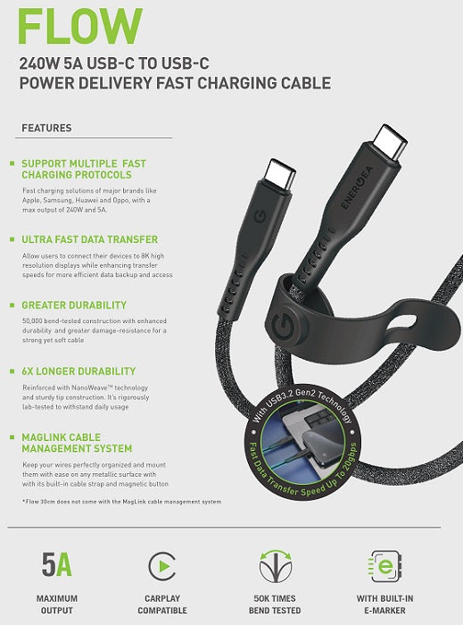 ENERGEA FLOW USB 3.2 GEN 2 C-C CABLE 20GBPS, 240W WITH VELCRO CABLE TIE 30CM - BLACK