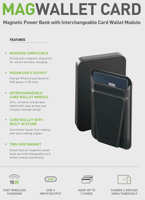 ENERGEA MAGWALLET CARD 10K، 10000MAH MAGPAC PLUS POWER BANK مع بطاقة MAGWALET - GUN/BLK