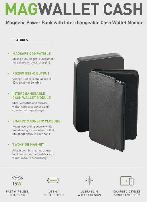 ENERGEA MAGWALLET CASH 10K، 10000 MAH MAGPAC PLUS باور بانك مع MAGWALET CASH - GUN/BLK