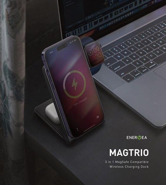 ENERGEA MAGTRIO, 3IN1 FOLDABLE MAGNETIC FAST WIRELESS CHARGER - GUNMETAL