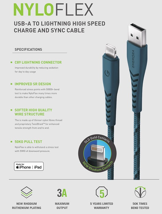 ENERGEA NYLOFLEX CABLE, CHARGE AND SYNC TOUGH LIGHTNING C89 MFI 1.5M – WHITE