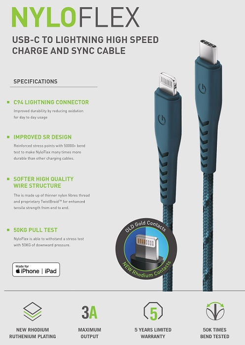 ENERGEA NYLOFLEX CABLE, USB-C TO LIGHTNING C94 MFI 1.5M – GREEN